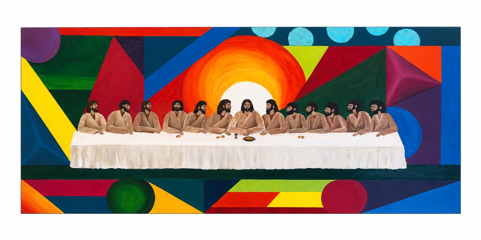 Um olhar foge do centro — Santa Ceia diante de planos e círculos coloridos